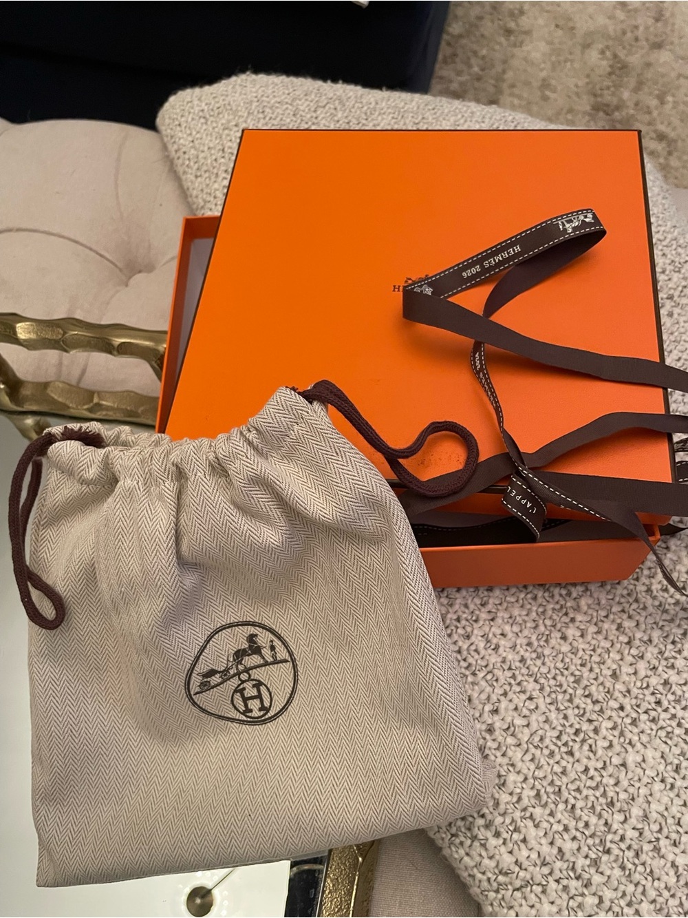 Hermes Beige Drawstring Pouch with Box and ribbon